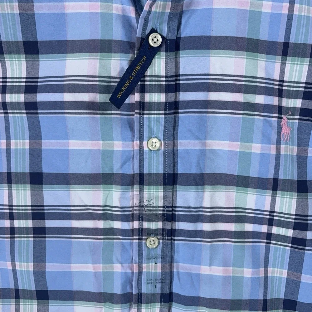 Polo Ralph Lauren Performance Button Down Shirt Mens Large Blue Plaid Wicking
